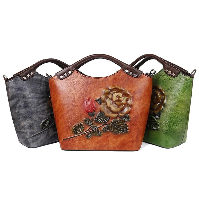 Echtes Leder Damen Handtaschen Vintage Rose Prägung Umhängetaschen Damenmode Umhängetasche