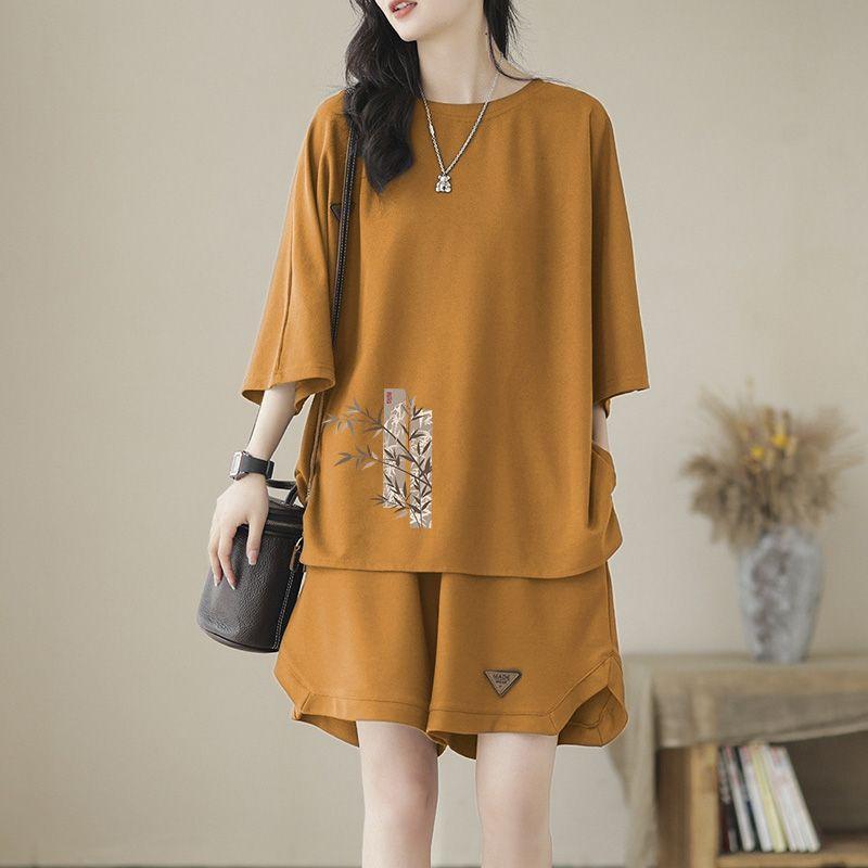 

First-Line Brand Counter Tail Order Big Sale Large Size Casual Suit Women s Summer Retro Short Sleeve Loose Sports Two-piece Set Yellow [under the seal leaves]] L