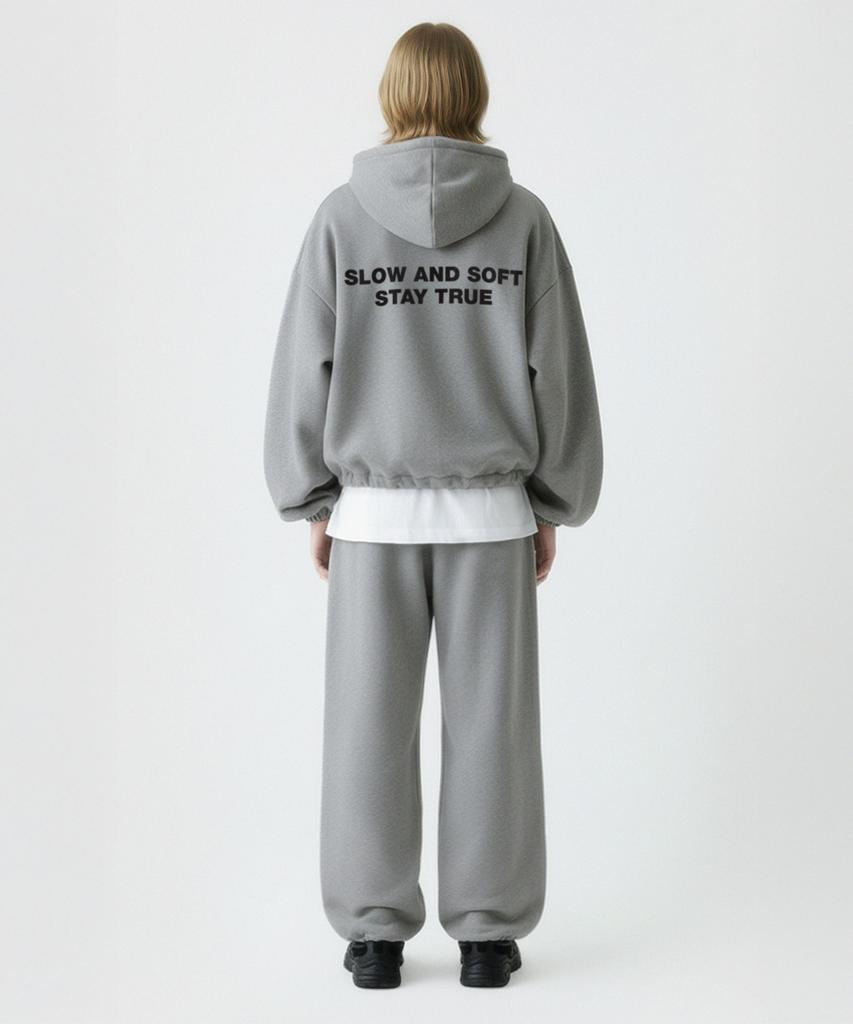 Prinoar [Set] Slow And Soft String Oversized Two-Way Zip-Up Hoodie + One-Pleat String Pants - Melange