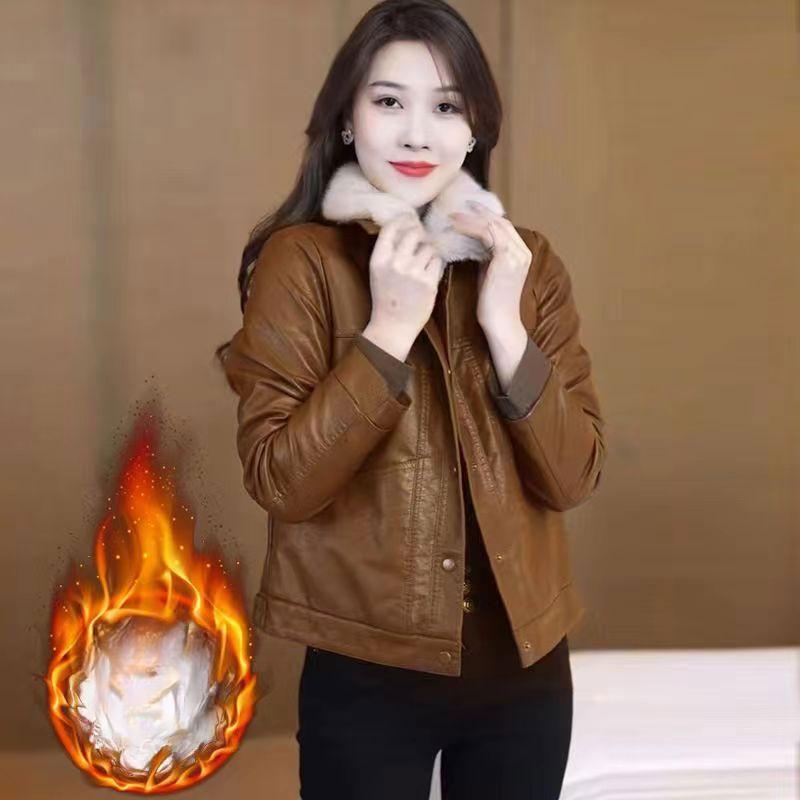 Winter Women Leather Jacket Fleece Lined Thick Warm Short Loose Coat