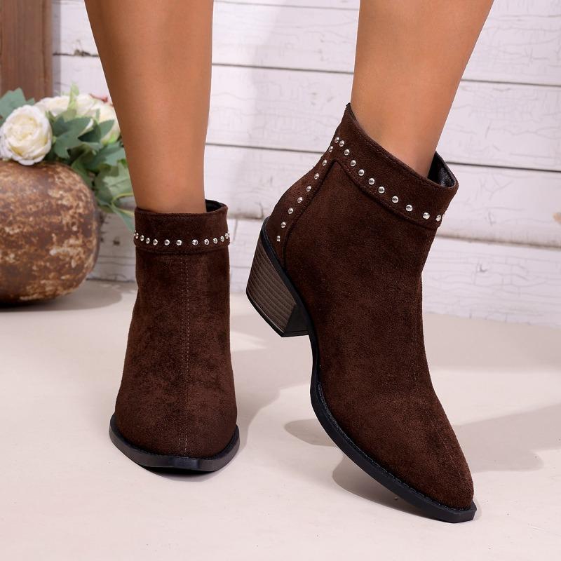 Studded Booties Fashion Pointed Toe Suede Rear Zipper Soft Sole Anti-Slip Wear-Resistant Block Heel Shoes for Women