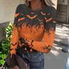 Women Casual Long Sleeve Ribbed Top Halloween Pumpkin Print Round Neck Slim Fit Stretchy Shirt