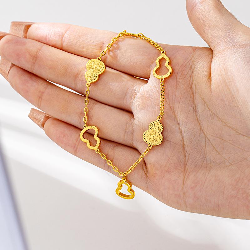 Vietnam Gold Bracelet & Tassel Necklace Set: Luxurious Gourd Design with Crushed Ice Accents