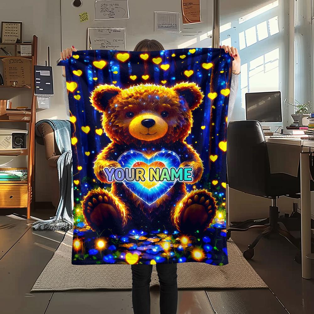 1PC Custom Name Forest Bear Heart Patterned Flannel Blanket Suitable For All Seasons for Home Decor Warmth and Comfort Gifts Holiday Present_lx