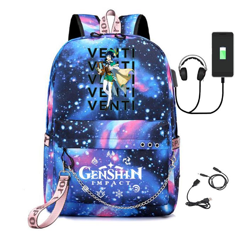 Harajuku Jugendliche Schultaschen Unisex Genshin Impact Reisetaschen USB-aufladbar Oxford Wasserdicht Notizbuch Schulterrucksäcke