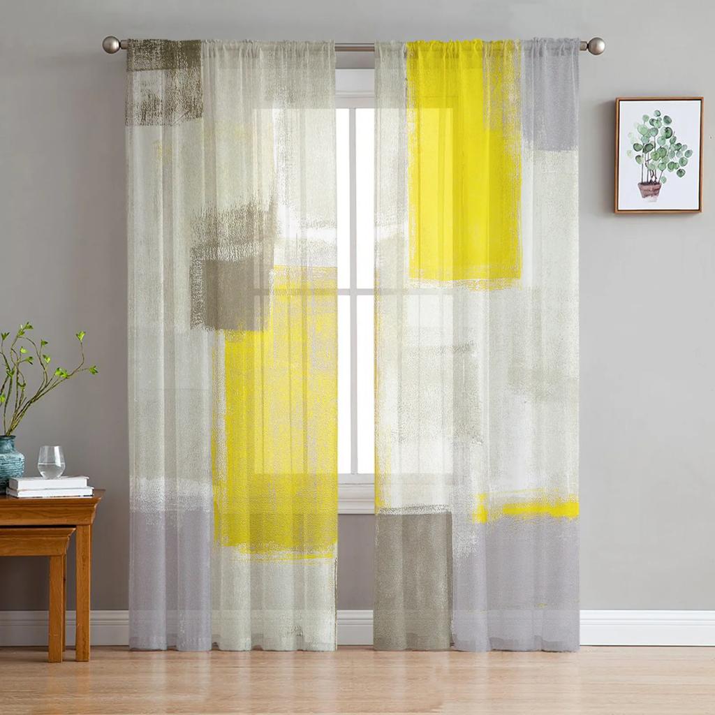 Sheer Paint Abstract Geometric Yellow Tulle Curtains Living Room Bedroom Kitchen Window Treatment Chiffon Curtain Blinds Polyester Washable Area Ready