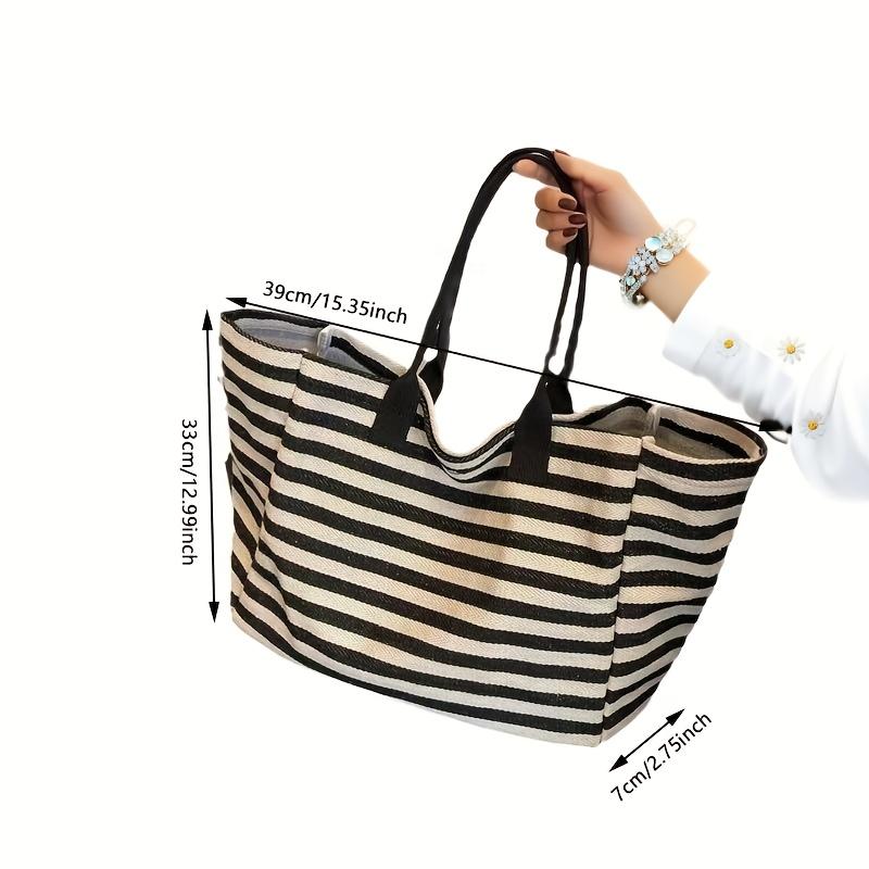 

Холщовая сумка-тоут большой вместимости в черно-белую полоску для женщин, на плечо, ручная сумка, идеально подходит для работы, учебы, путешествий и шопинга, дорожная сумка-тоут