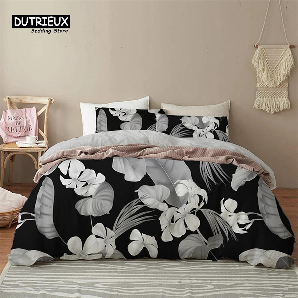 Green Palm Leaf Floral Bedding Set Tropical Leaves Flowers Animals Duvet Cover Microfiber Comforter Cover For Adults Kids Decor