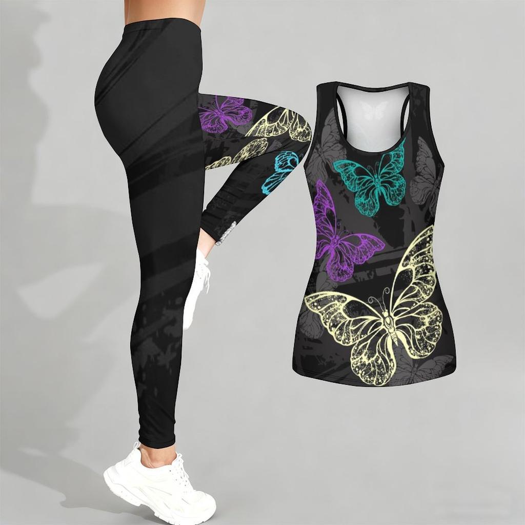Butterfly Print Yoga Outfit for Women Fashion Workout Leggings Fitness Sports Casual Yoga Set Sports Suit