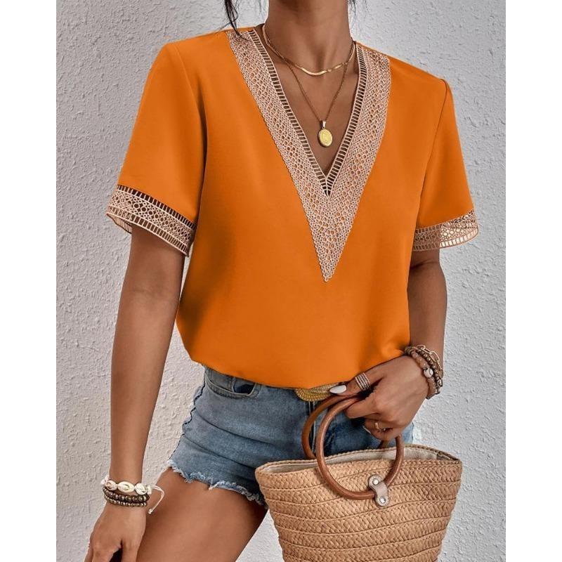 Camiseta de Verano de Encaje con Cuello en V y Manga Corta para Mujer Blusa Holgada Casual Fina de Color Sólido Pulóver