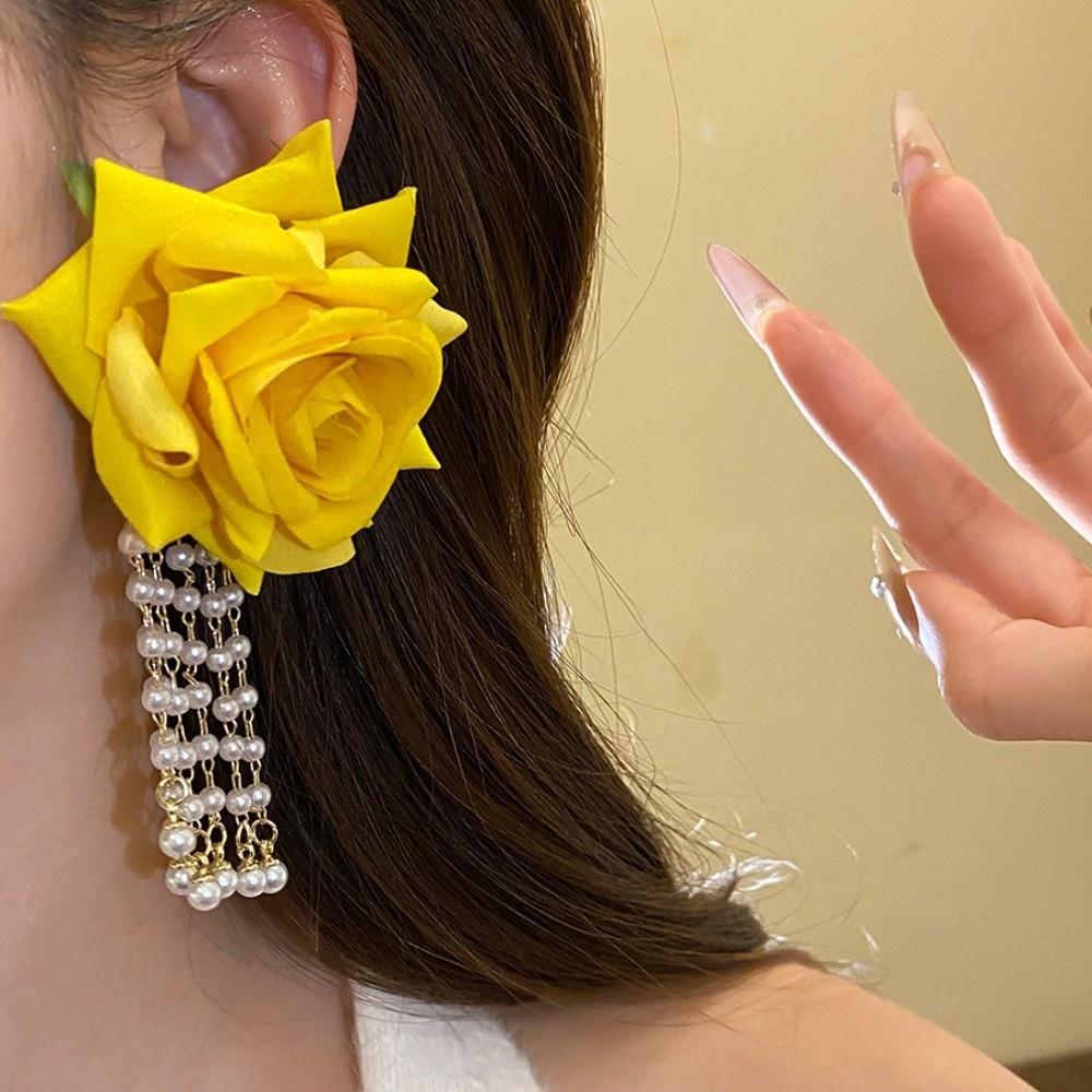 1 pair Bohemian Style Yellow Rose Earrings Chinese Rose Earrings  Festival Ear Accessories