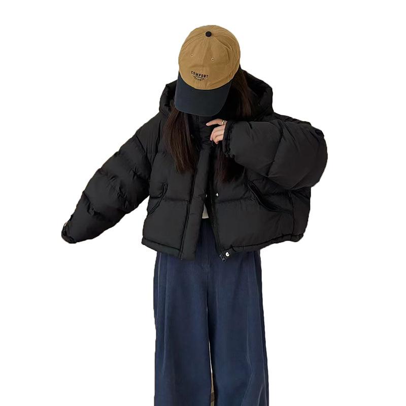 Premium hooded down jacket women's short 2024 winter thickened solid color loose white duck down small man bread jacket