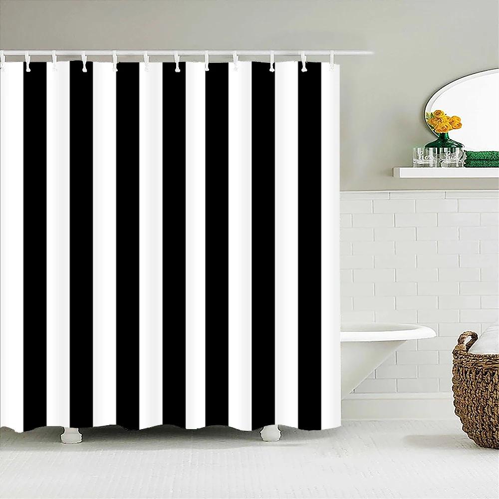 Black And White Striped Shower Curtain With Hooks Waterproof Polyester Fabric Geometric Pattern Home Decor Bathroom Curtain Baño