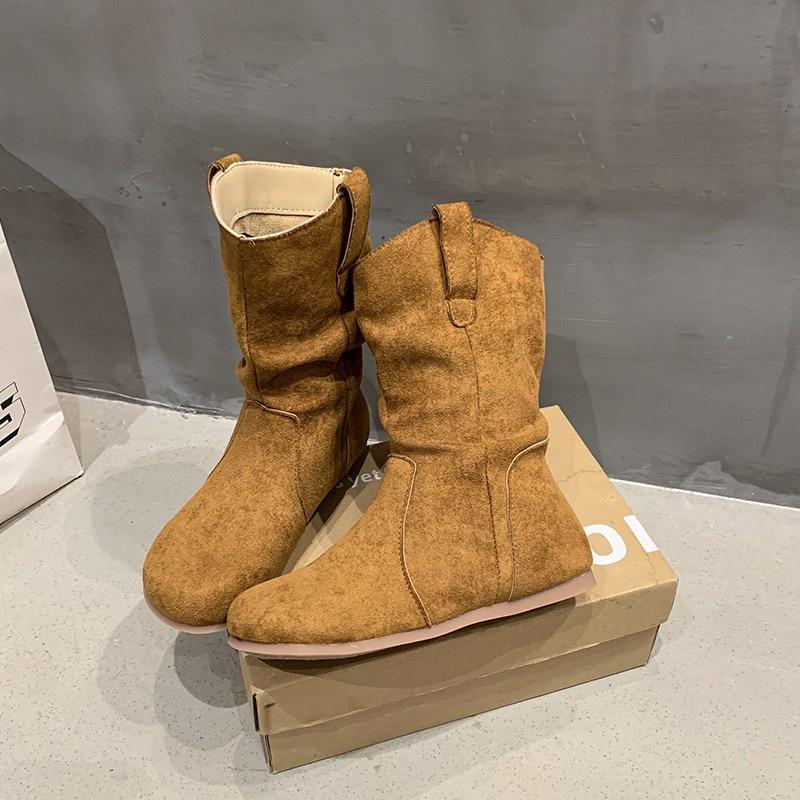 Internet Celebrity Heap Boots 2025 New Round Head Versatile Flat Bottom Western Cowboy Boots Matte Leather Short Boots Women's Autumn and Winter S