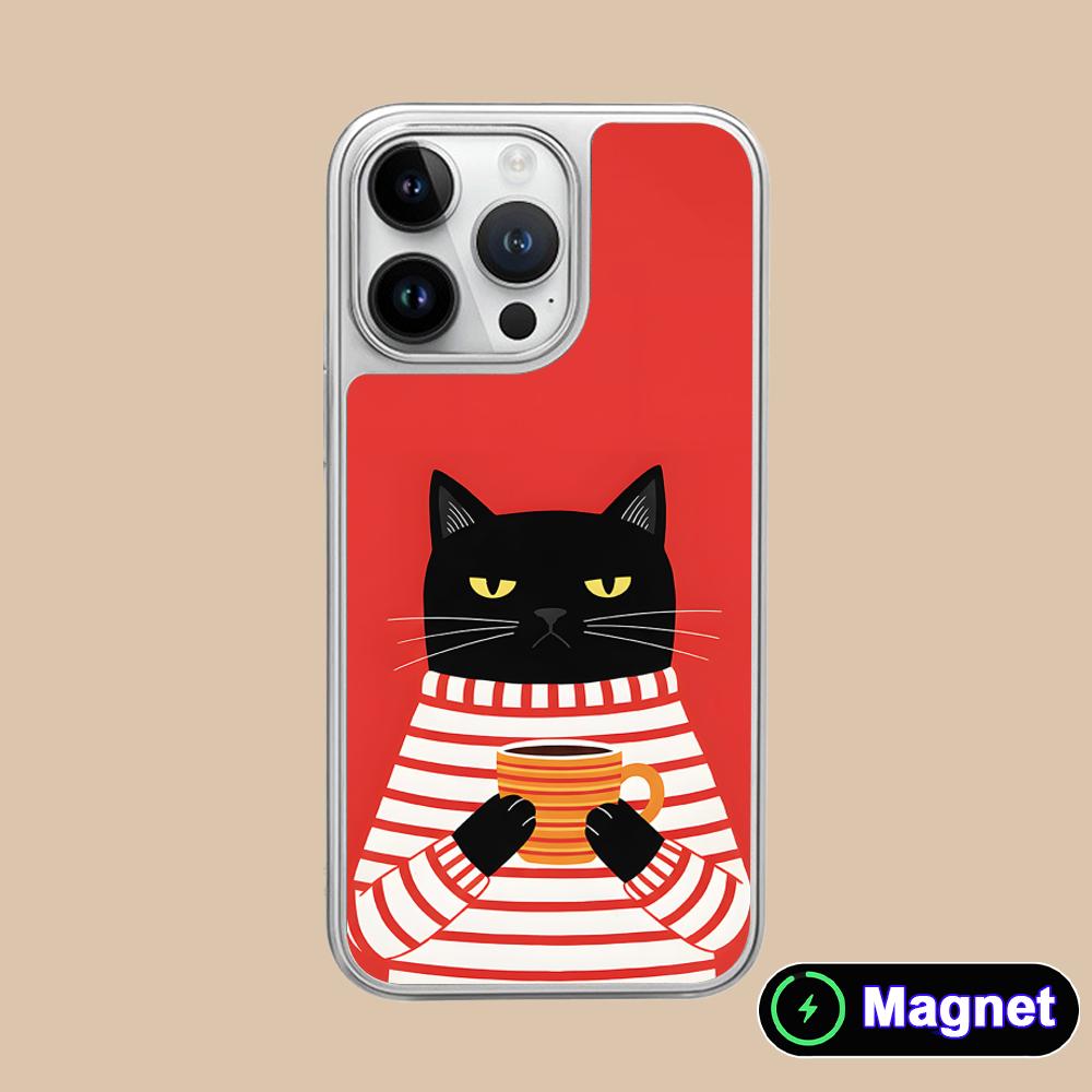 

Cute Coffee Cat Silver Plating Magsafe Mobile Phone Case for iPhone 17 16 15 14 13 12 11 Air Pro Max Plus Colorful Cover iPhone 11