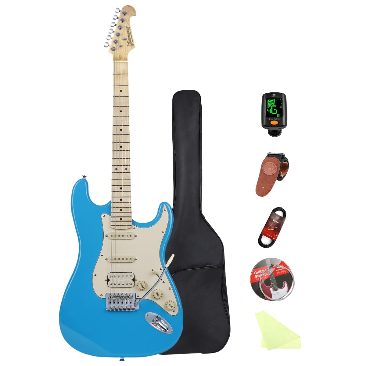 

Электрогитара Bullfighter Stratocaster Type D120 В комплект входят и ремень гитара, (синий), Струны для начинающих, Чехол, Медиаторы,