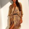 Women's Half‑Sleeve Metallic Yarn Fringed Open Front Beach Cover‑Up Kimono