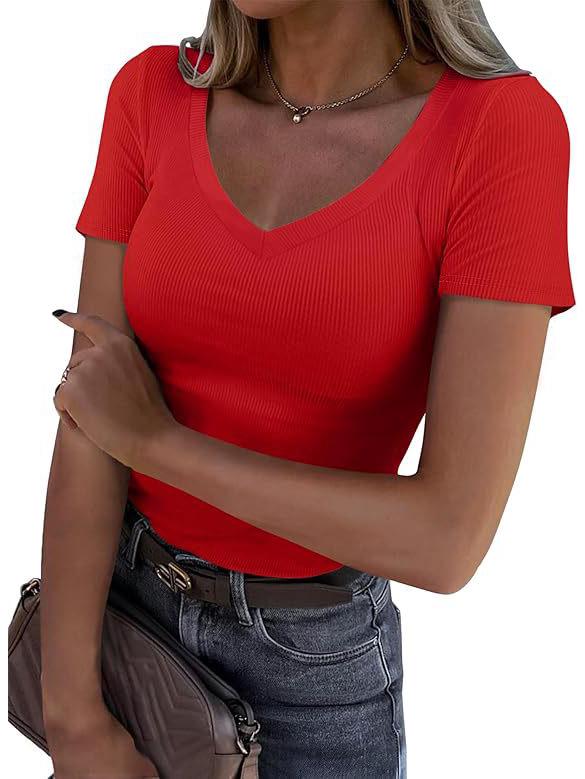 New Style Ribbed Texture Slim Fit V-neck Casual Women's Long Sleeve T-shirt