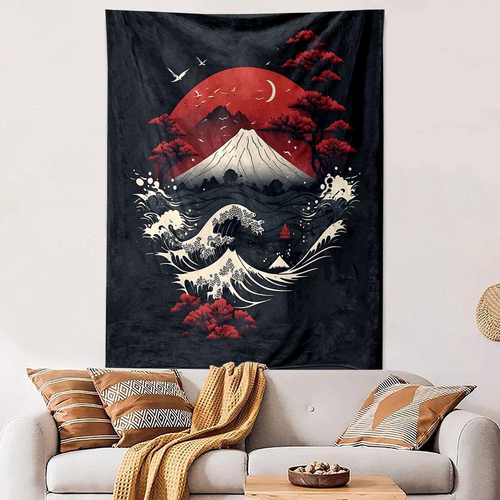 "Red Moon with Waves and Mountain Scene" Patterned Tapestry Decorative Wall Hanging, Home Bedroom Living Room Decor