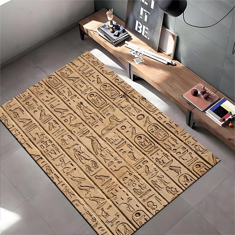 Area Rug, Ancient Egyptian Hieroglyphs Wall Carving Stone Print, Living Room Decor, Non-Slip Mat