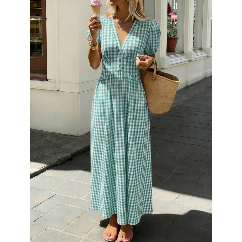 Europe, America 2026 summer new fashion temperament V-neck petal sleeve plaid medium and long dress women S