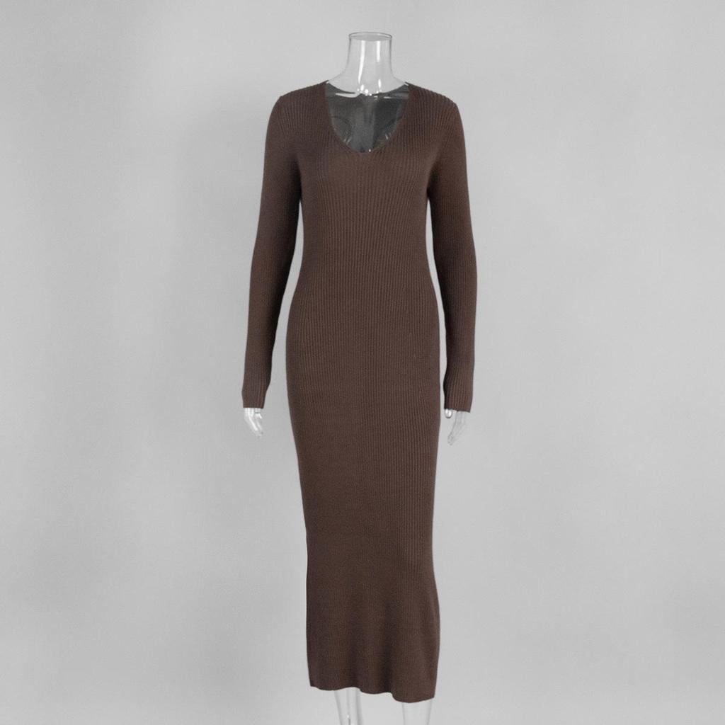 Vintage Coquette Dámské pletené šaty Výstřih do V Dlouhý rukáv Americký retro Dlouhé šaty Slim Jednobarevné Elegantní Zimní