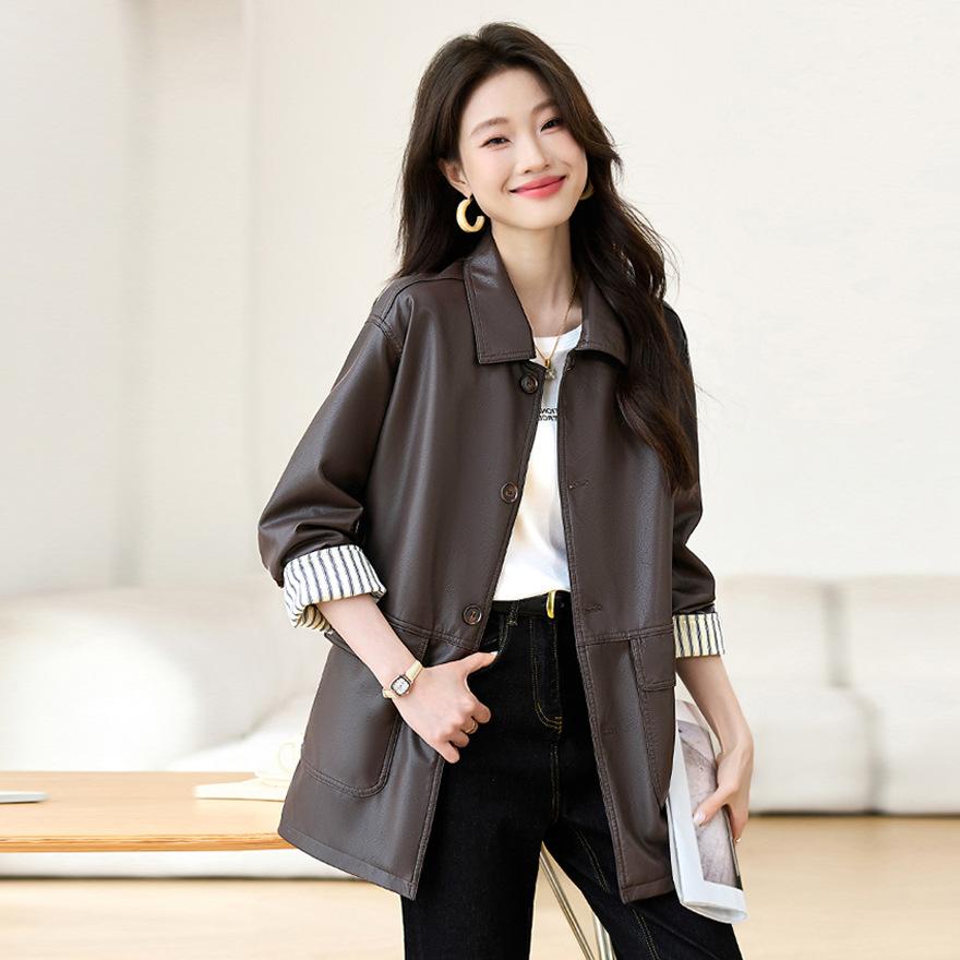 Coffee Lapel Leather Jacket Women's Spring New Fashion Jacket