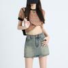 Fusta scurtă de denim retro Fusta scurtă de slăbire cu talie înaltă de vară pentru femei, Fusta înfășurată în șold cu linie A anti-orbire