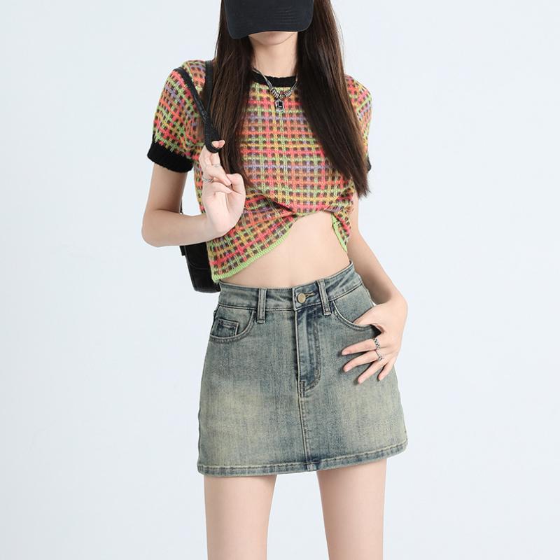 Fusta scurtă de denim retro Fusta scurtă de slăbire cu talie înaltă de vară pentru femei, Fusta înfășurată în șold cu linie A anti-orbire