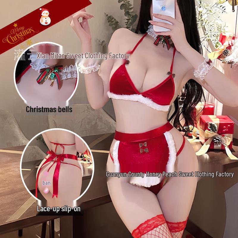 Red Plush Christmas Lingerie Set: Sexy Lace-Up Top, Apron, Nightwear