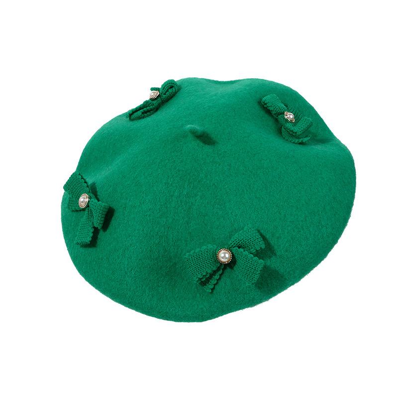 Women S Red Green Wool Beret With Pearl Bow Versatile Small Face Painter Hat