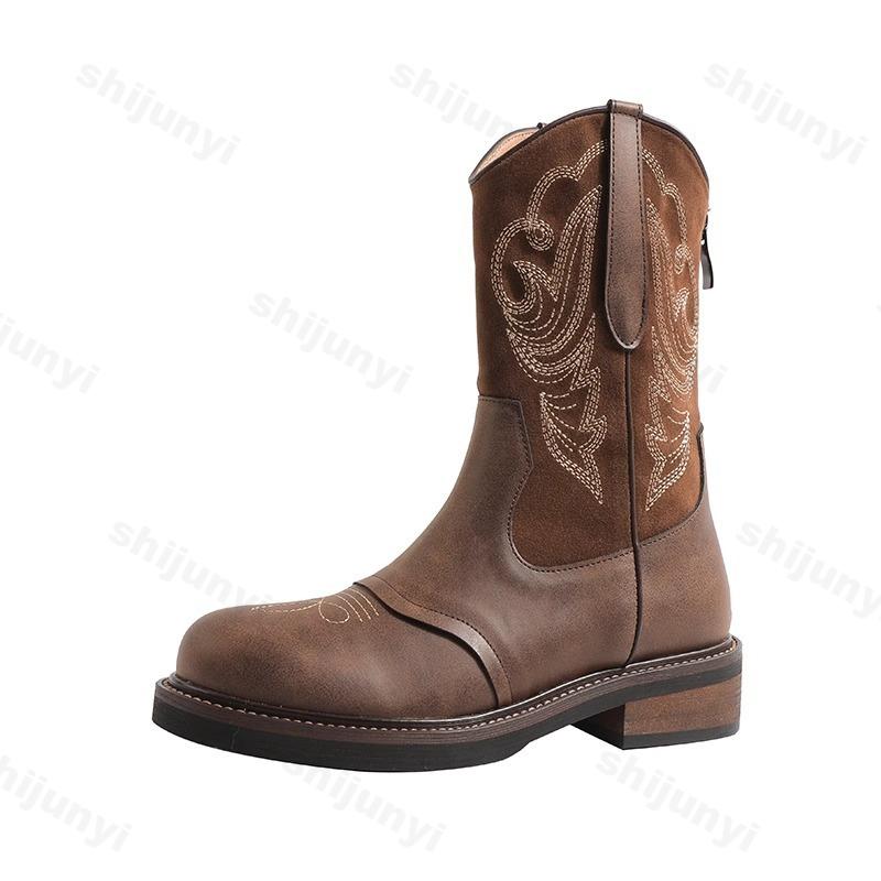 Short Boots Women 2025 Autumn Winter Vintage Embroidery Fashion Cowboy Boots Comfortable Non Slip Wear-resistant Knight Boots