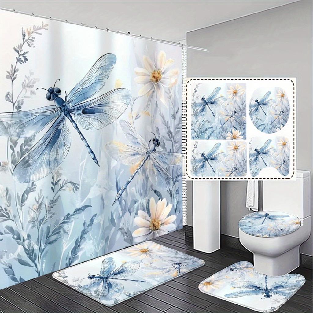 1/4Pcs Blue White Floral Dragonfly Bathroom Decor Set Waterproof Shower Curtain with Anti Slip Mat and Toilet Cover All Season Home Decor Gift