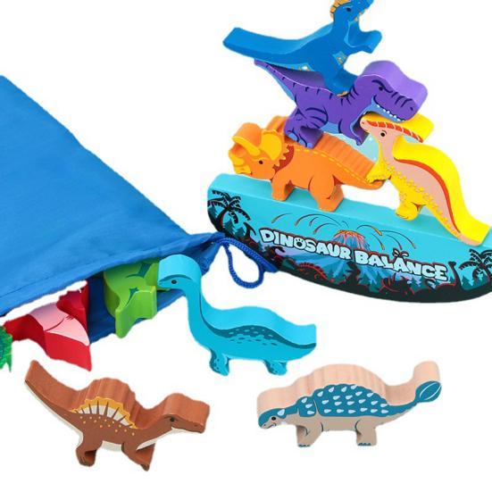 1 Set Dinosaur Building Block Stacking Game Kids Educational Wooden Cartoon Dino Brick Stacking Balance Tower Toy Toddlers Boys Girls Gift