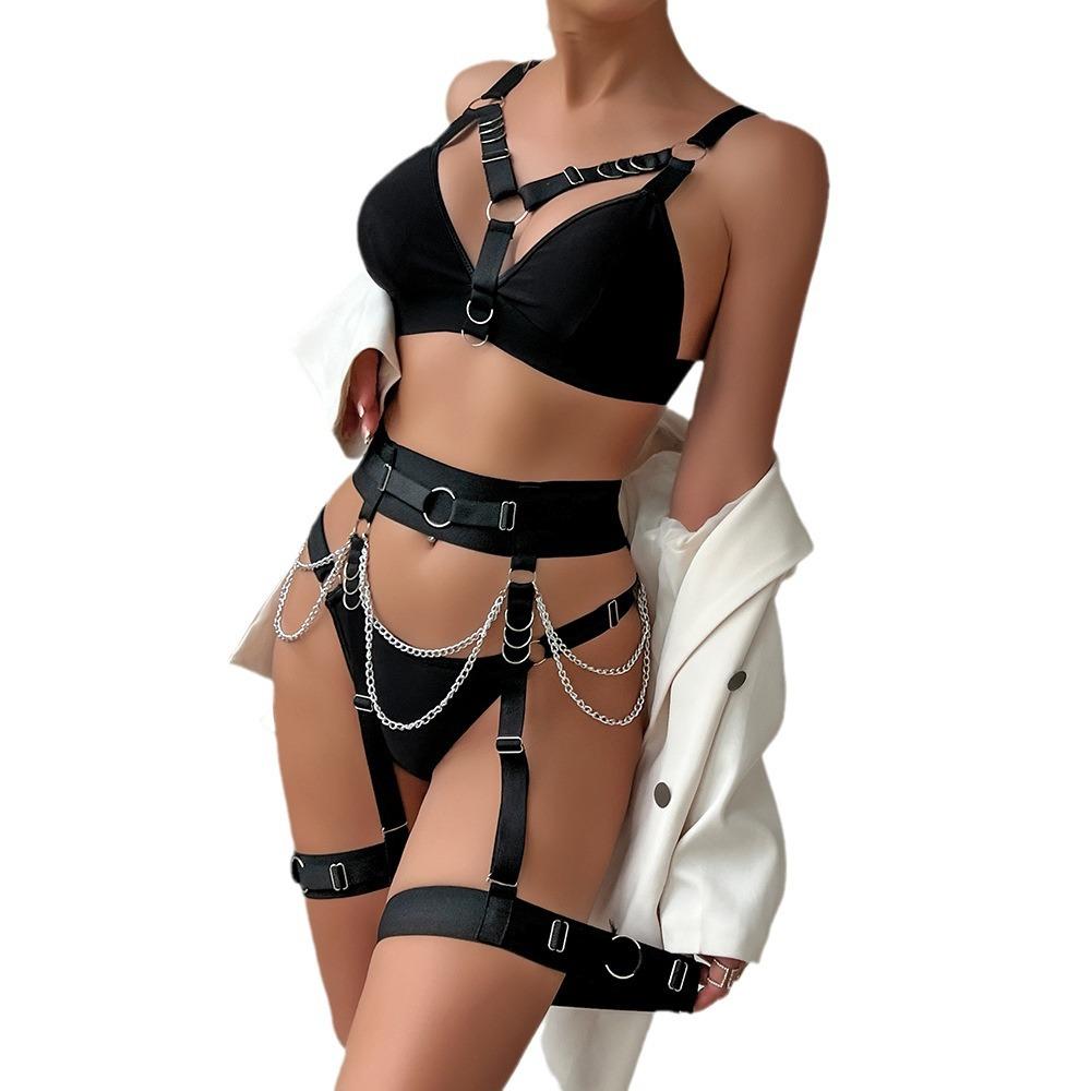 Women's Metallic Chain & Bandage Style Bra Set, Push-Up Corset with Steel Ring for Queen Role Play, Black and Blue