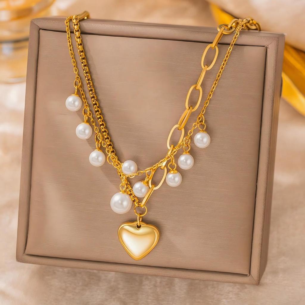 18K Stainless Steel Heart Pendant Pearl Double-Layer Chain Necklace - Colorfast Jewelry