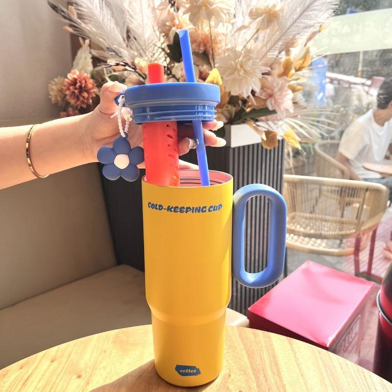 316 Stainless Steel New High-value Flower Ice Cream Cup Portable Thermos Cup Large Capacity Car Cup Straw