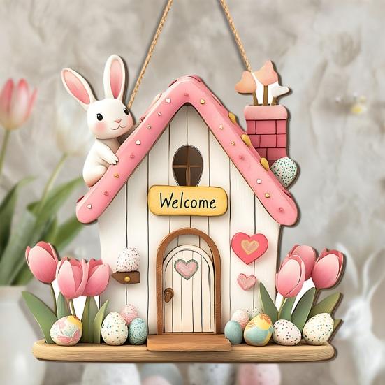 Yousheng Easter Wooden Hanging Sign, House Shape Tulip Flower Welcome Door Sign for Spring, Holiday, Indoor, Outdoor, Home, Porch, Front Door