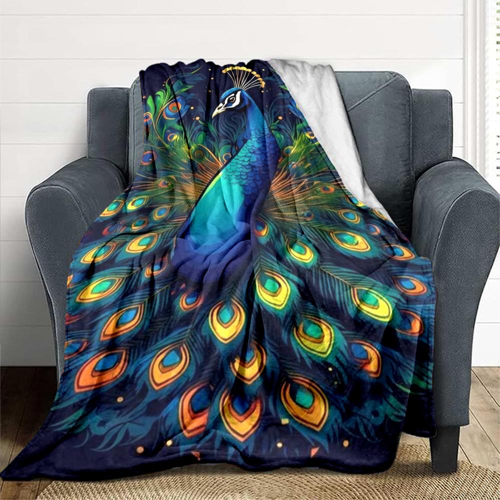 1pc Peacock Feather Blanket Lightweight Flannel Blanket Throw Blanket For Sofa, Bed, Travel, Camping, Livingroom, Couch, Chair, And Bed Yy2509026205
