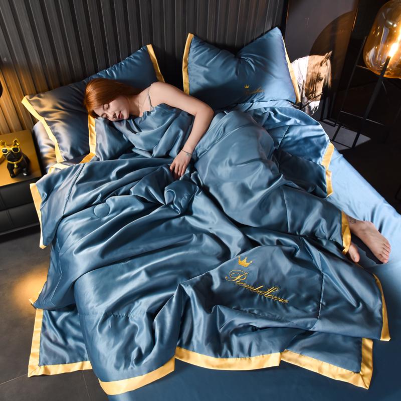 Luxury Embroidery Ice Silk Summer Cool Quilts Bedroom Nap Air Conditioner Quilted Soft Comforter Blanket Set European Style 2024