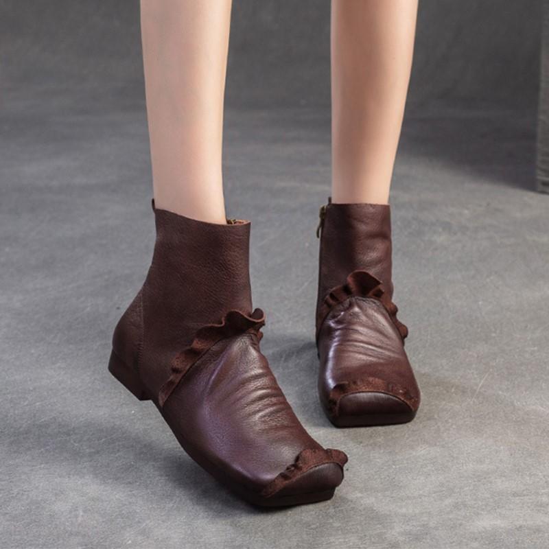 Johnature Kurze Stiefel aus weichem Rindsleder mit quadratischer Zehenpartie, vielseitige, bequeme Damenschuhe aus echtem Leder im Retro-Stil