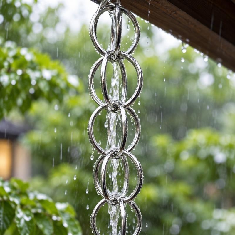Gutter Outlet Rain Chain in Aluminum Alloy, Open Rings Structure Directs Roof Runoff Down a Continuous Vertical Hanging Chain