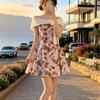 French retro high-end one-word shoulder floral dress, summer new bow off-the-shoulder waist and thin skirt