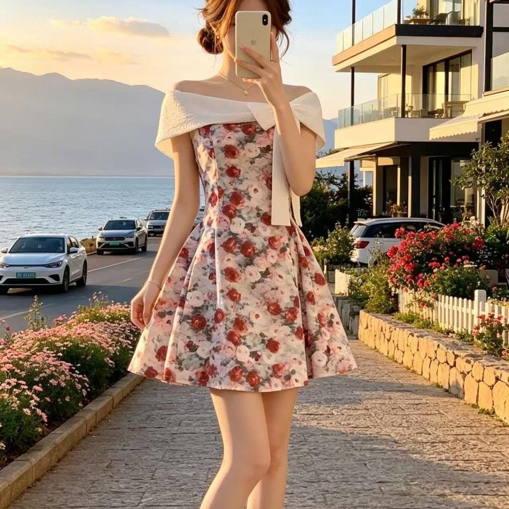 French retro high-end one-word shoulder floral dress, summer new bow off-the-shoulder waist and thin skirt