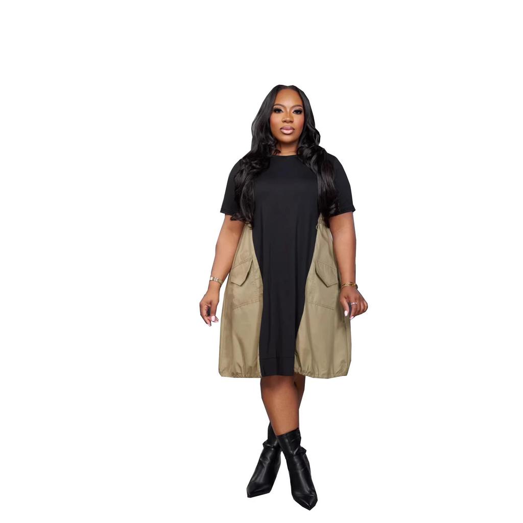 TW667 Summer Plus Size Women's Patchwork Dress - European & American Style, Loose Mid-Length