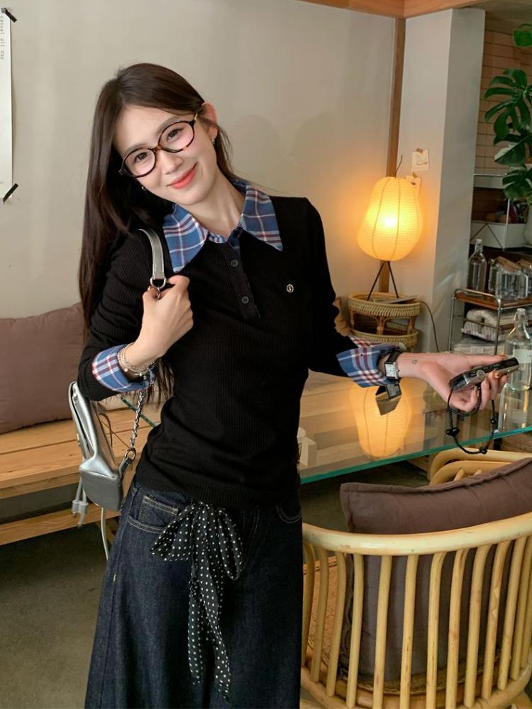Harajuku Autumn Fake Two Pieces Shirt Women Polo Collar Elegant Long Sleeved Slim Tops Korea Chic Plaid Casual T-shirt Winter
