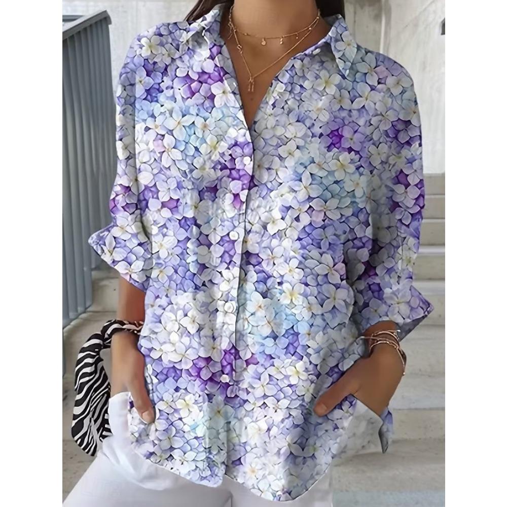Women's Shirt Ruched Floral Graphic Elegant Vacation Stylish 3/4 Length Sleeve Shirt Collar Crop Tops Casual