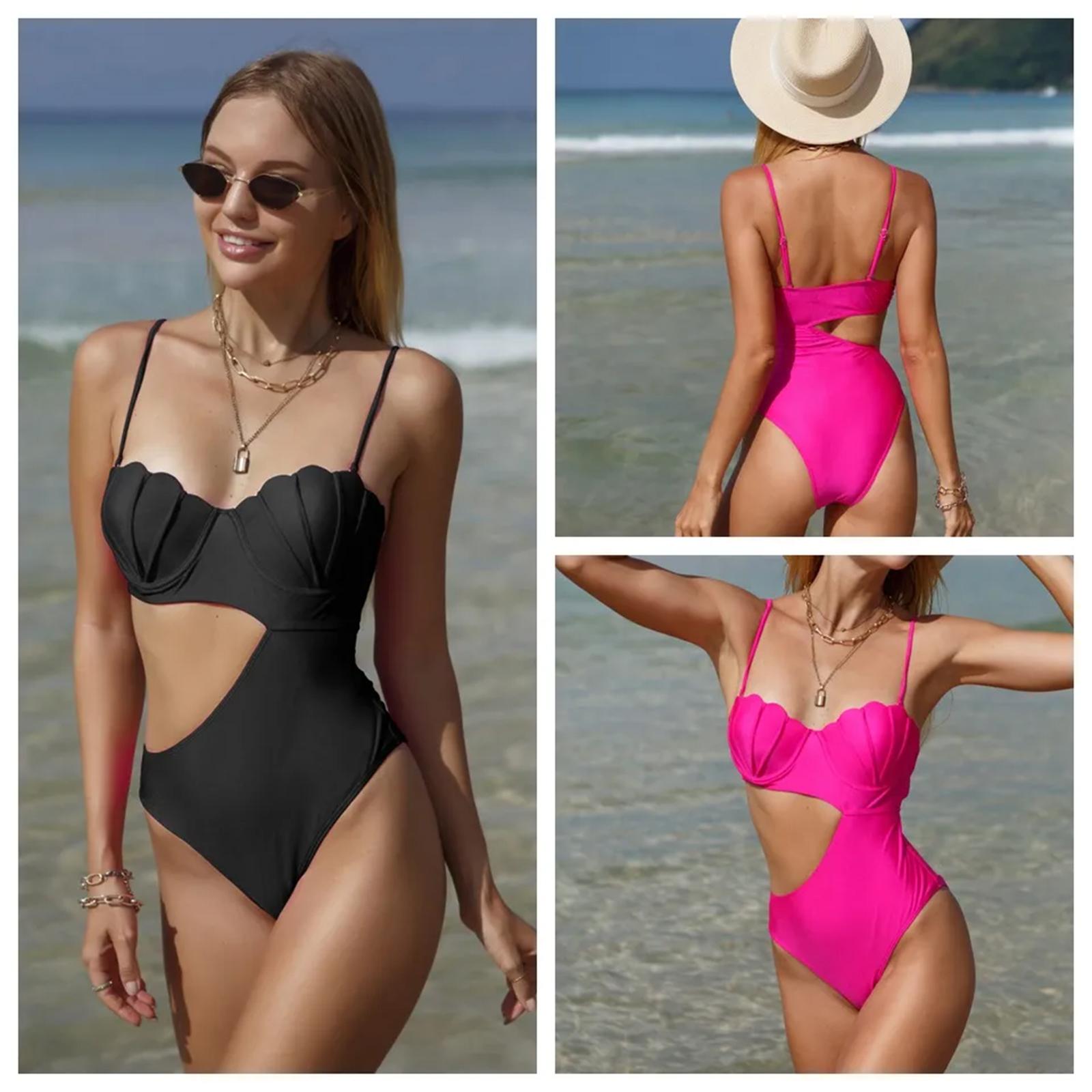 

2023 сексуальный ярко-розовый купальник на бретелях, женский цельный купальник на косточках с эффектом пуш-ап, монокини Halte