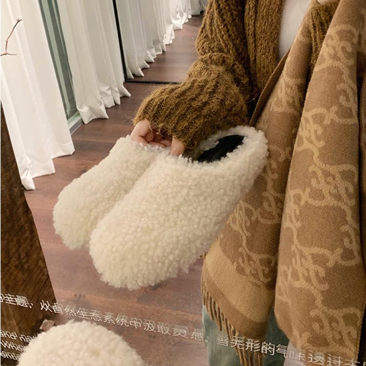Baotou lazy person one foot half drag hair shoes women wear 2025 autumn and winter flat bottom warm piled thick hair slippers