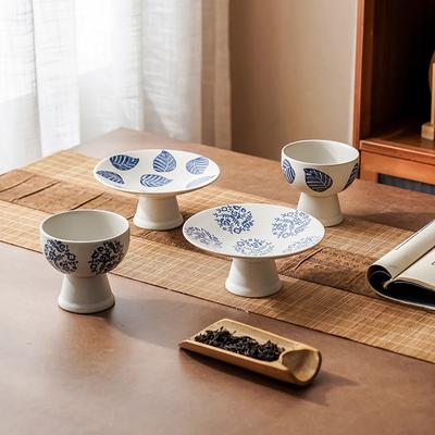 Japanese Ceramic Pedestal Bowl Hand-Painted Blue White Snack Plate Elegant Dessert Stand forTea Minimalist Cake Plate